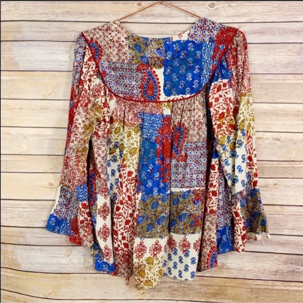 Zara Patchwork Bell Sleeve Boho Top Peasant Blouse - Picture 5 of 9